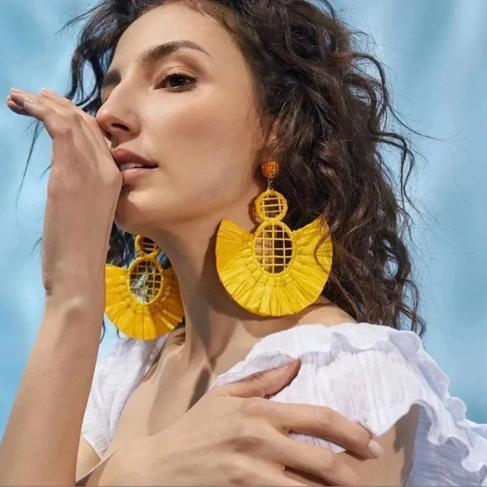 Anthropologie Bohemian Yellow Raffia Statement Earrings - Picture 5 of 9
